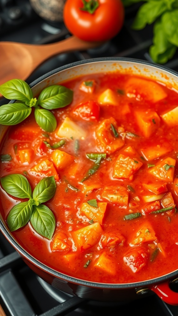 A pot of homemade tomato sauce with fresh tomatoes and herbs, steaming on the stove.